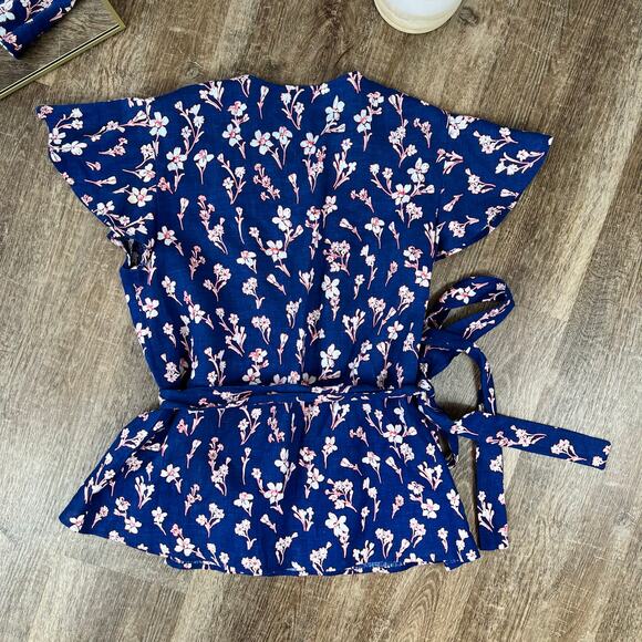 Draper James Blue Floral Linen True Wrap Top Size 10 - Picture 3 of 5